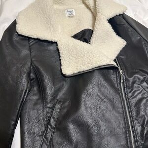 Black Leather Jacket with Cream Shearling Collar